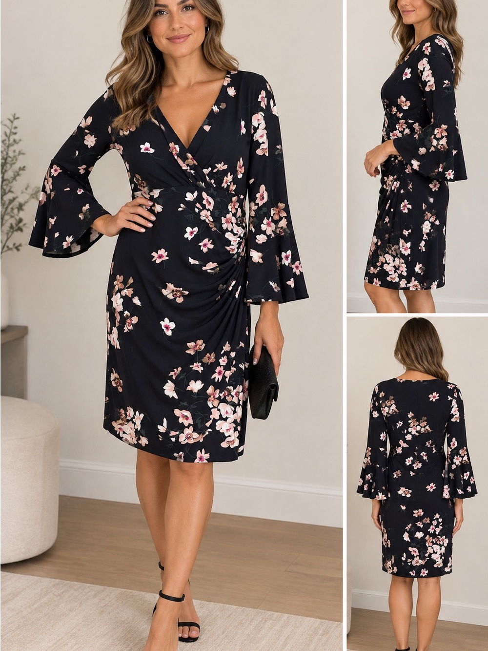 Lauren Ralph Lauren Navy Floral Wrap-Style Long Sleeve Dress